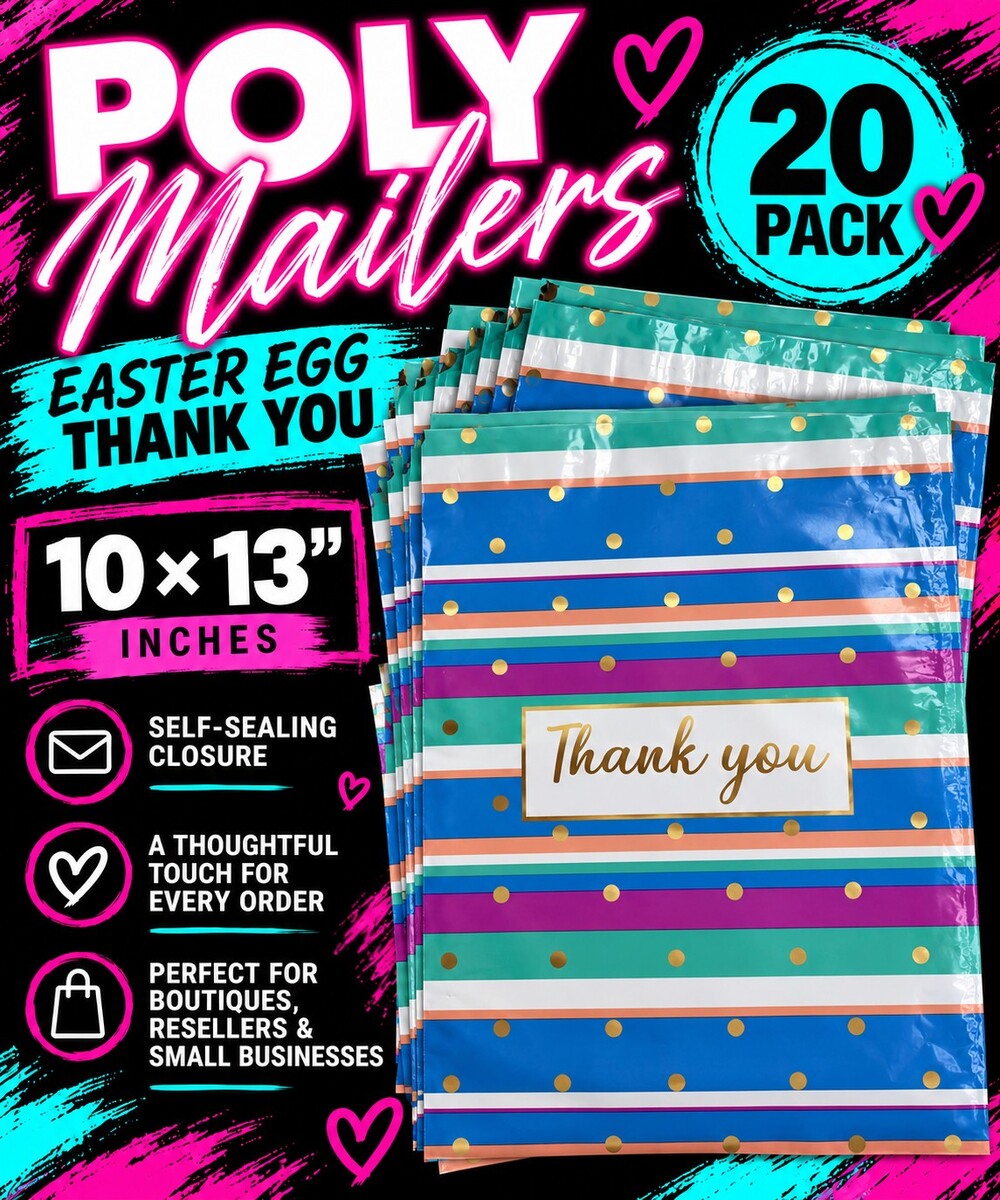★ 20 Easter Egg Thank You Poly Mailers 10 x 13 Striped Gold Dot Bags